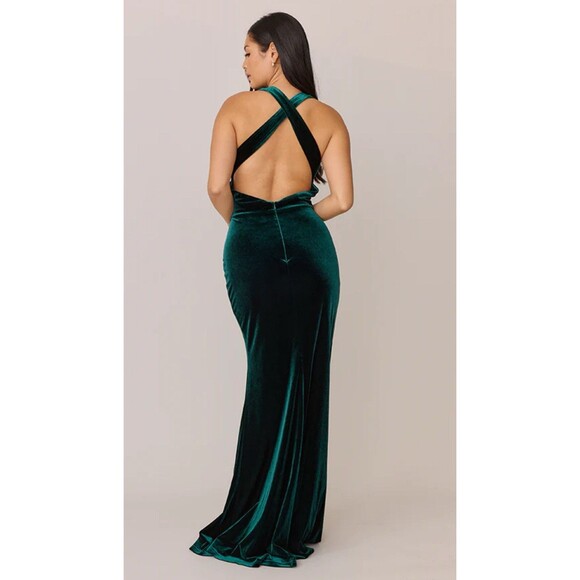 REVELRY Asher Velvet Classic Emerald Cross Open Back Slit Maxi Dress Gown 10 - Picture 2 of 12